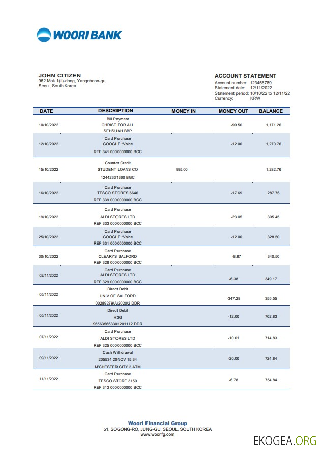 Relevé bancaire Woori en Corée du Sud